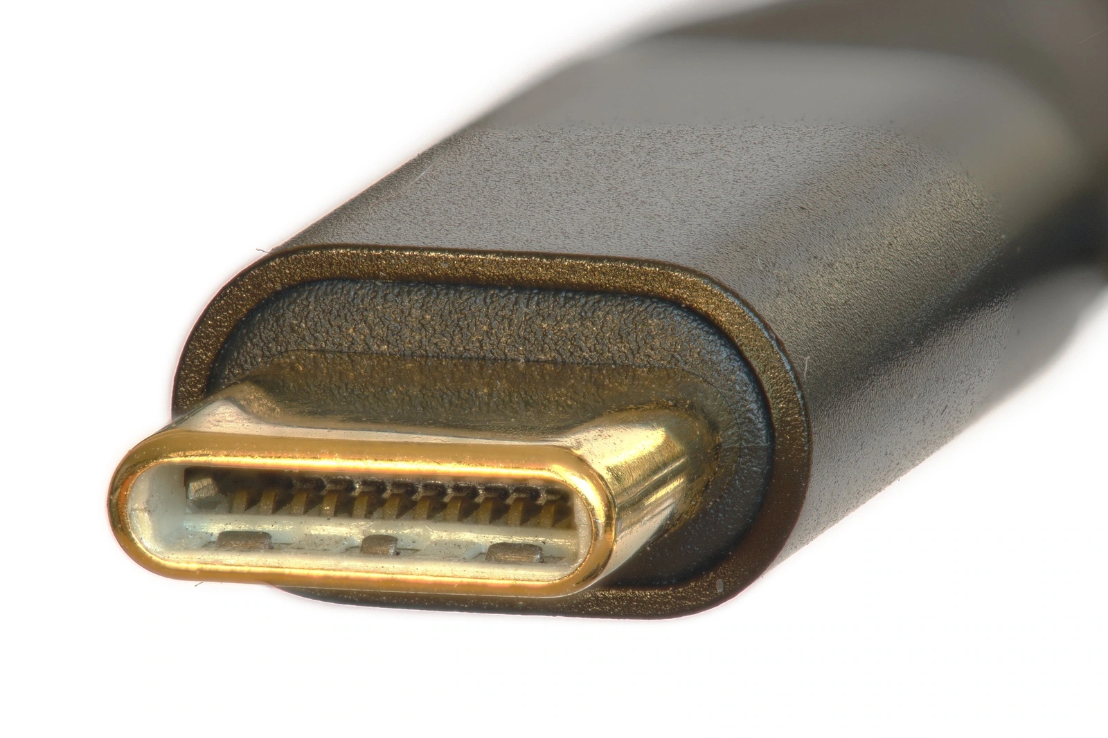 금속 단자와 안쪽 접점이 보이는 USB-C 플러그의 접사 사진