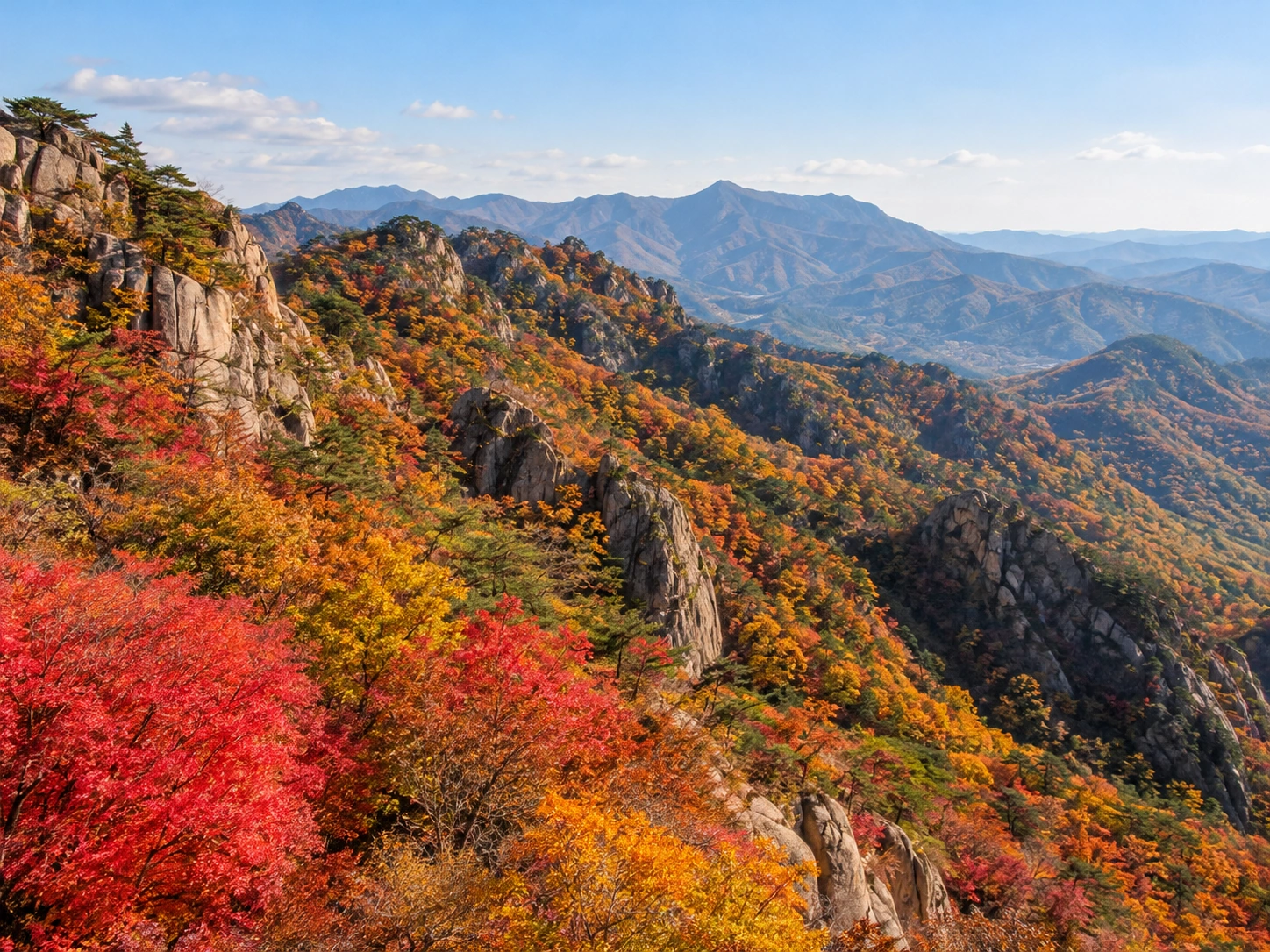 가을 단풍으로 물든 속리산의 능선과 암릉 풍경을 담은 이미지. 붉은색과 주황색 단풍이 산 전체를 뒤덮은 가을 산악 풍경이다.
