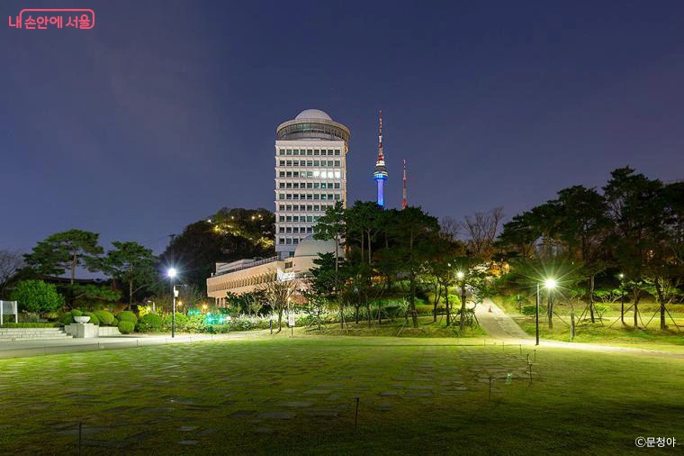 남산타워가 보이는 백범광장의 야간 잔디밭 전경
